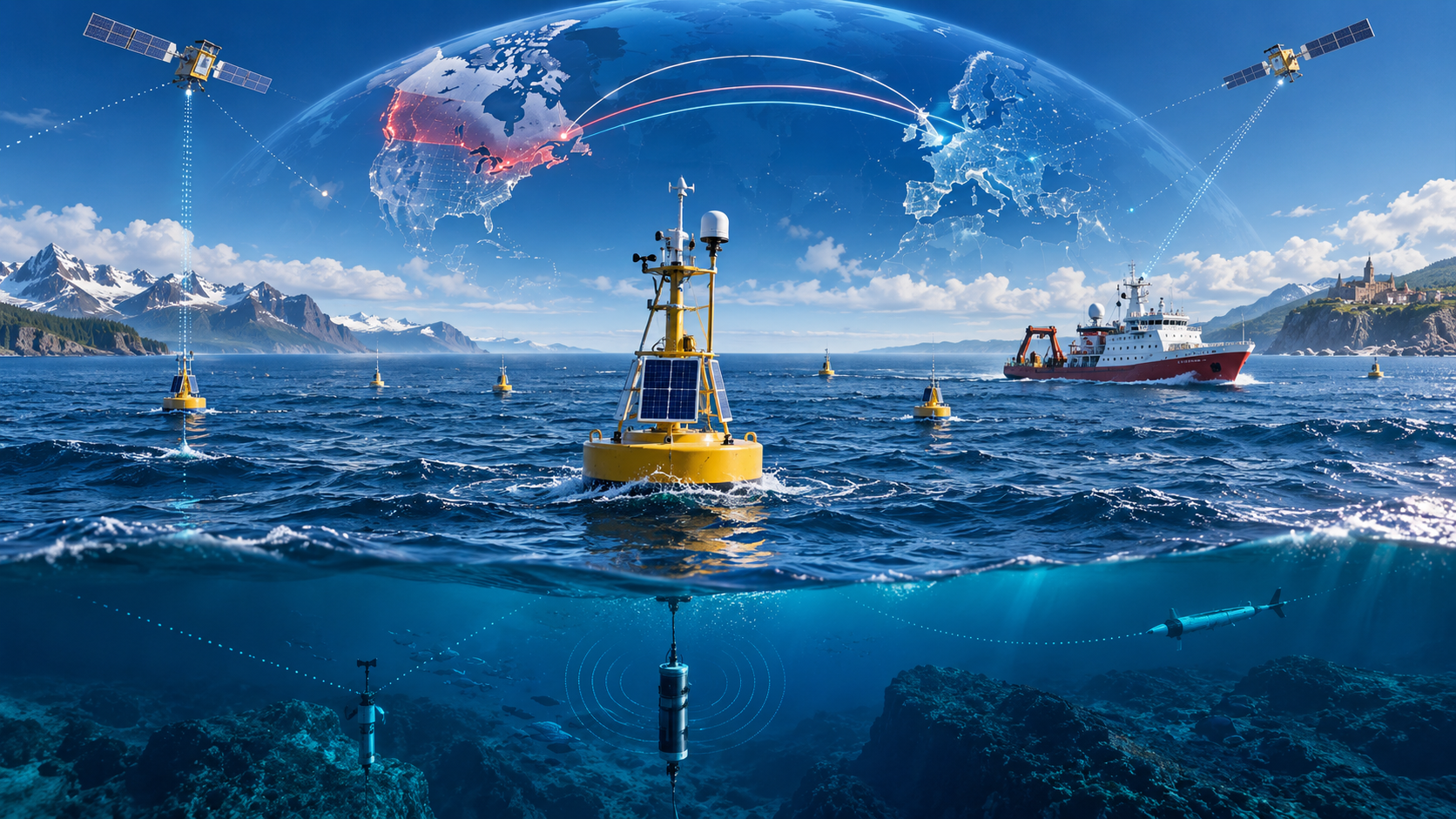 Editorial illustration of ocean buoys, satellites and a research vessel connected in a Canada-Europe ocean-observation network