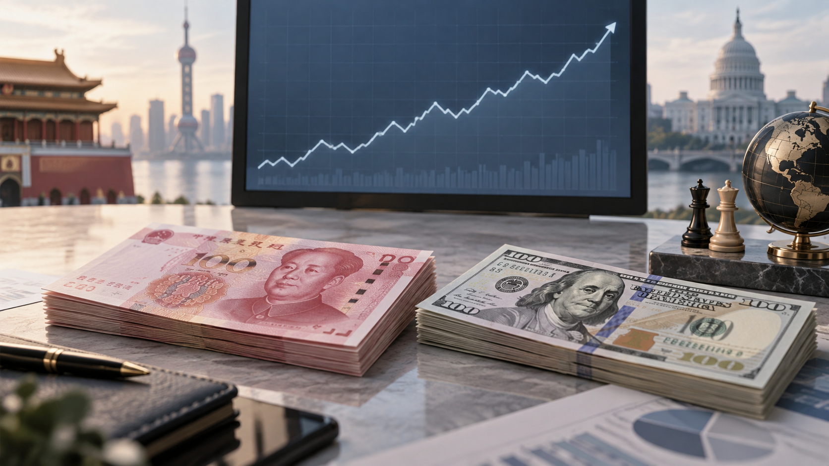 Editorial illustration of Chinese yuan and U.S. dollar banknotes beside an exchange-rate chart