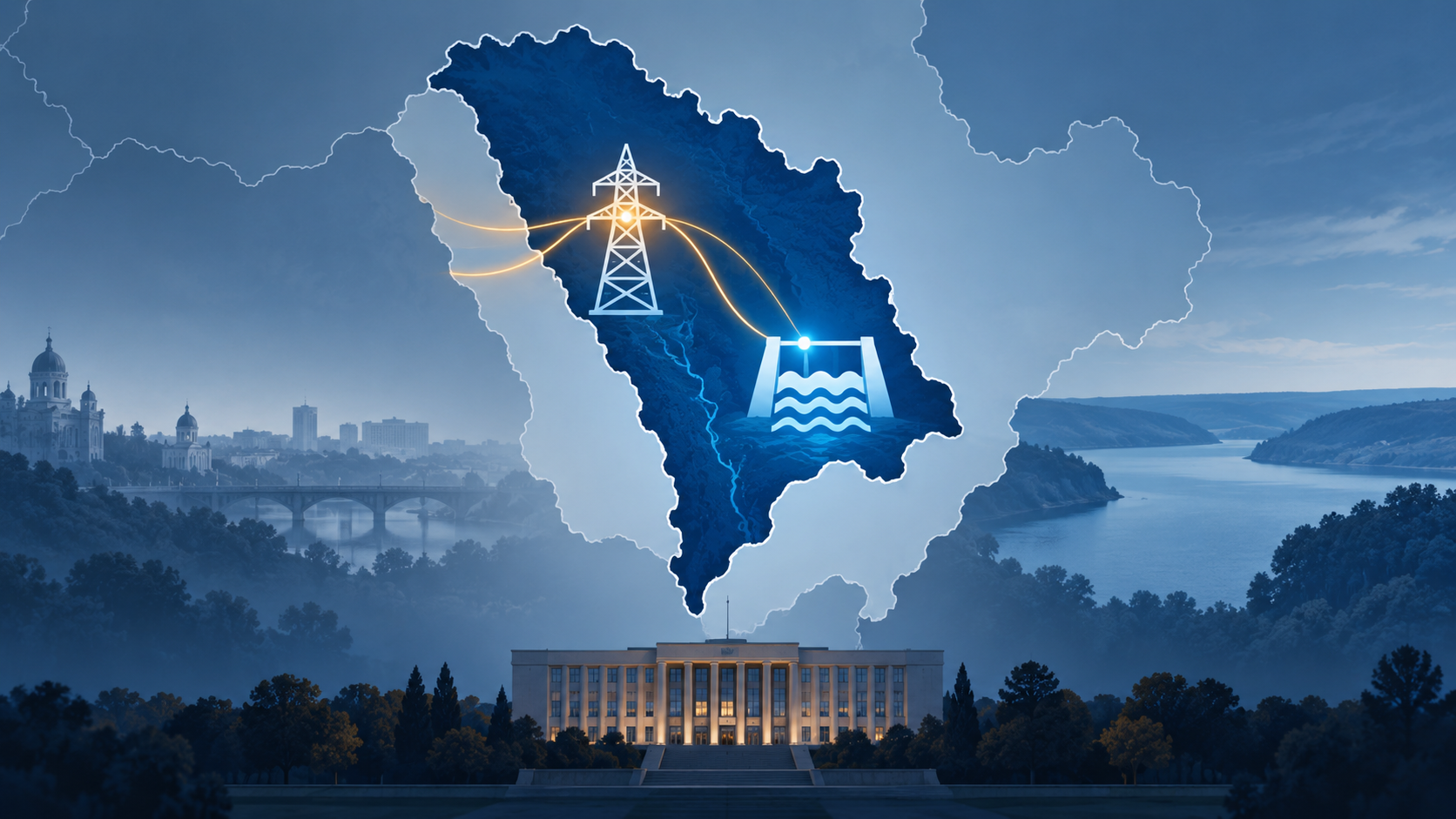 Editorial illustration of Moldova's energy grid and water supply