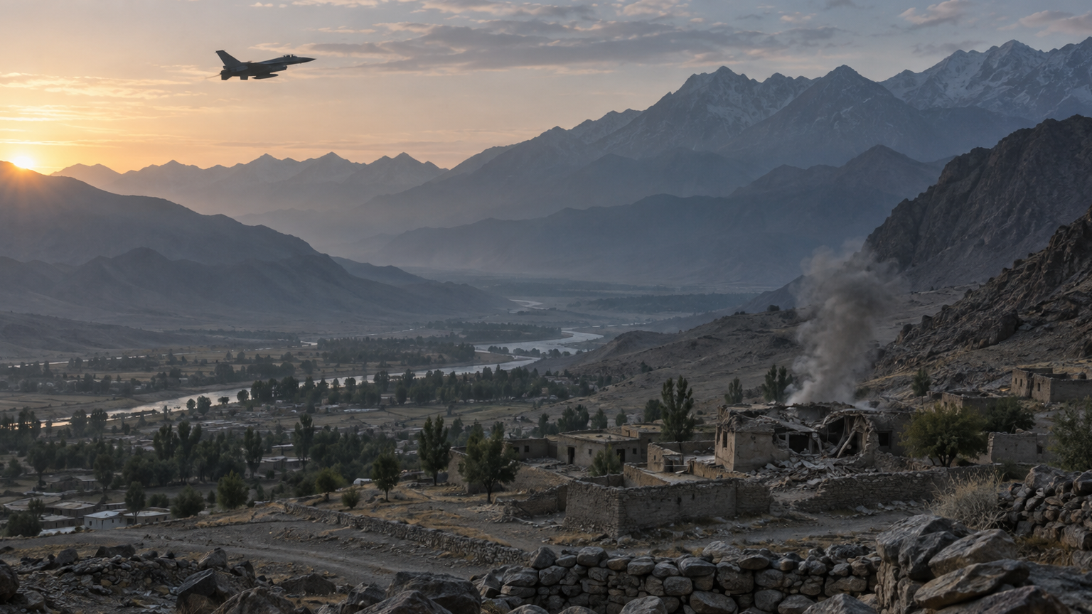 Editorial illustration of airstrikes near the Pakistan–Afghanistan border