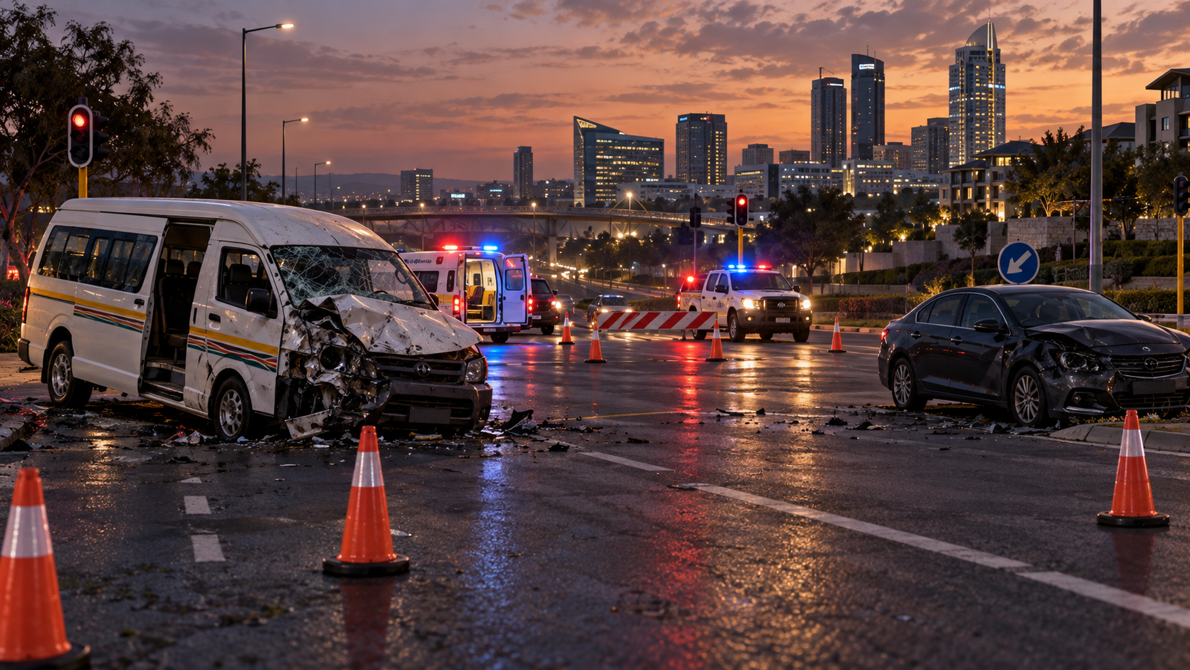 Editorial illustration of emergency responders at a fatal road crash in Midrand