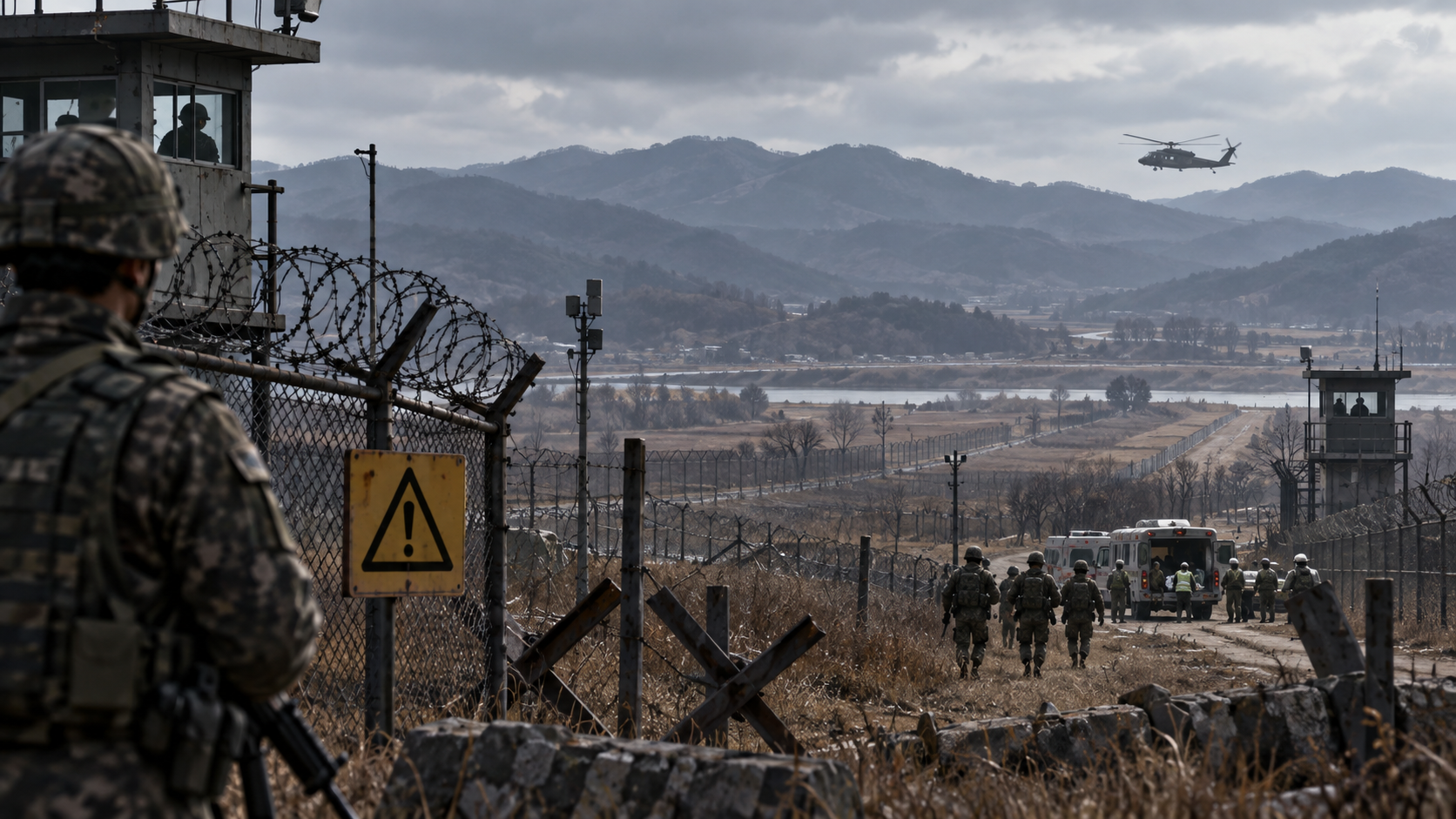 Editorial illustration of a response to an explosion in the Korean Demilitarized Zone