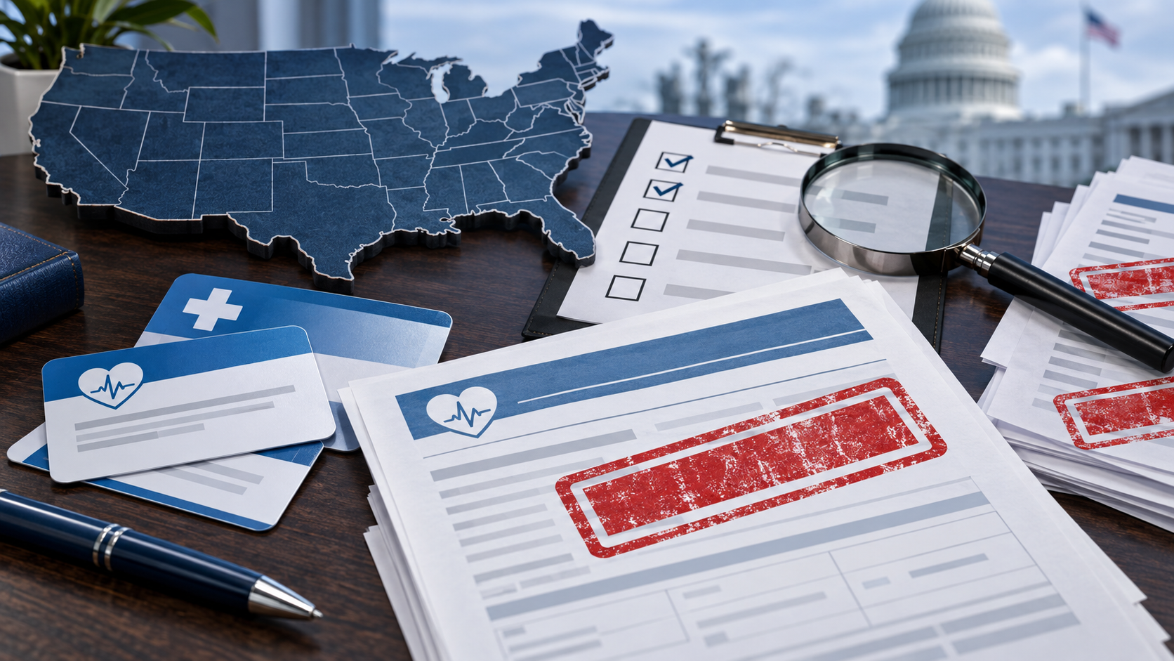 Editorial illustration of a review of U.S. health-insurance marketplace enrollments