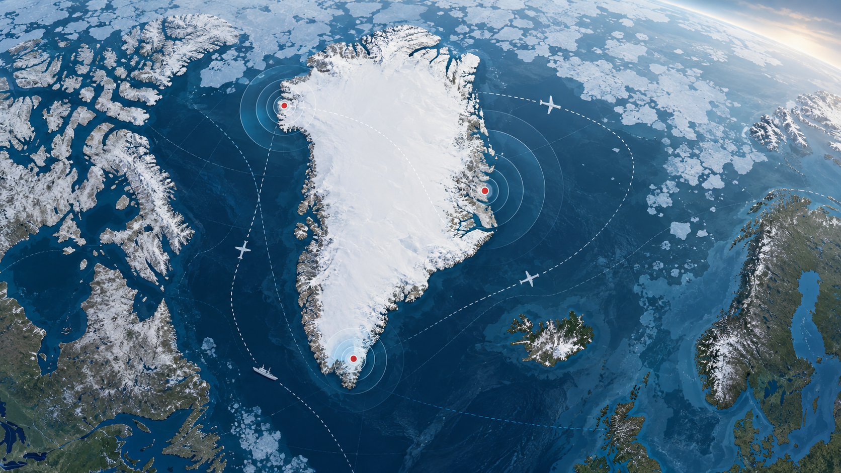 Editorial map illustration of Greenland and Arctic routes with three defence-area markers