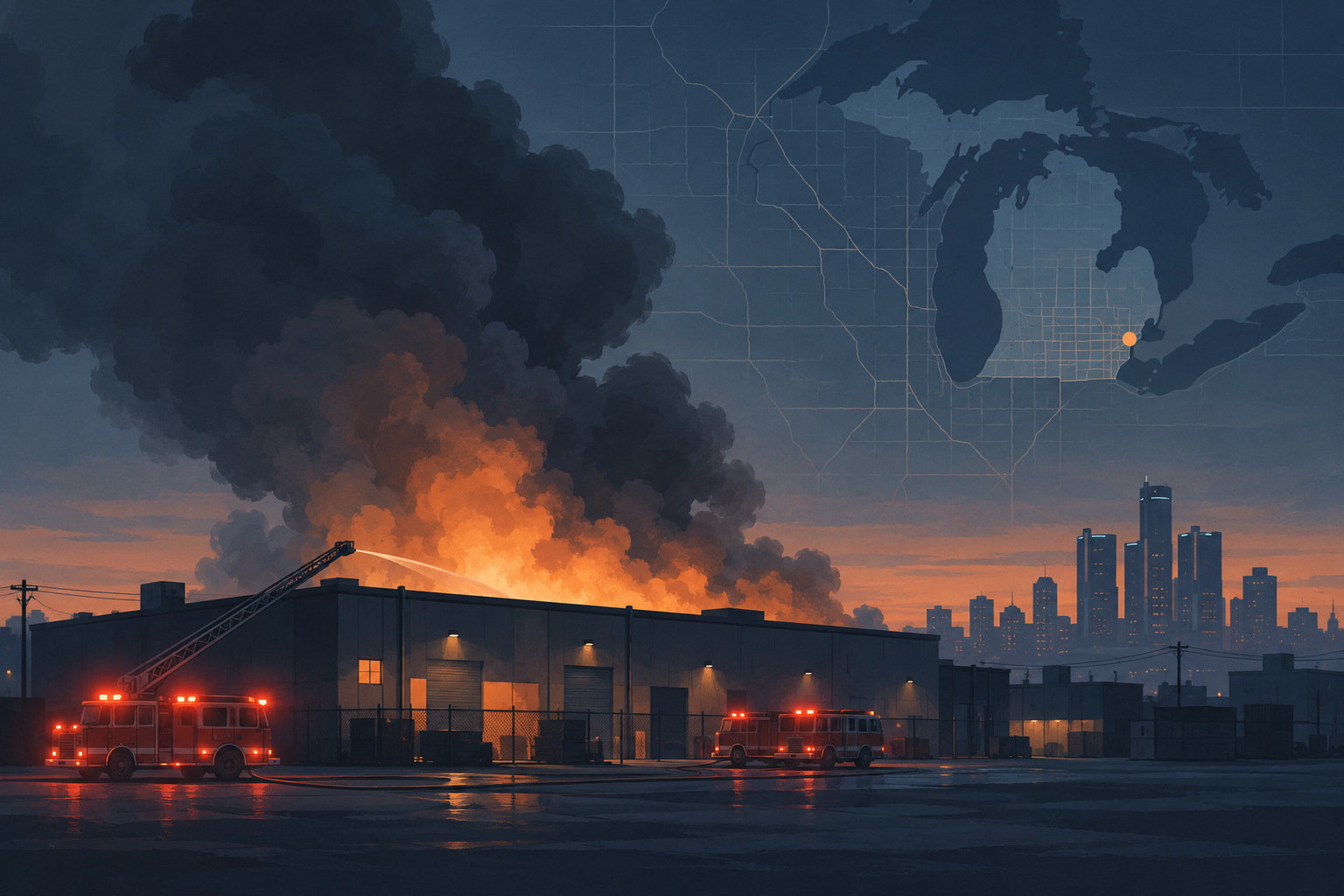 Editorial illustration of firefighters responding to a warehouse fire in Detroit