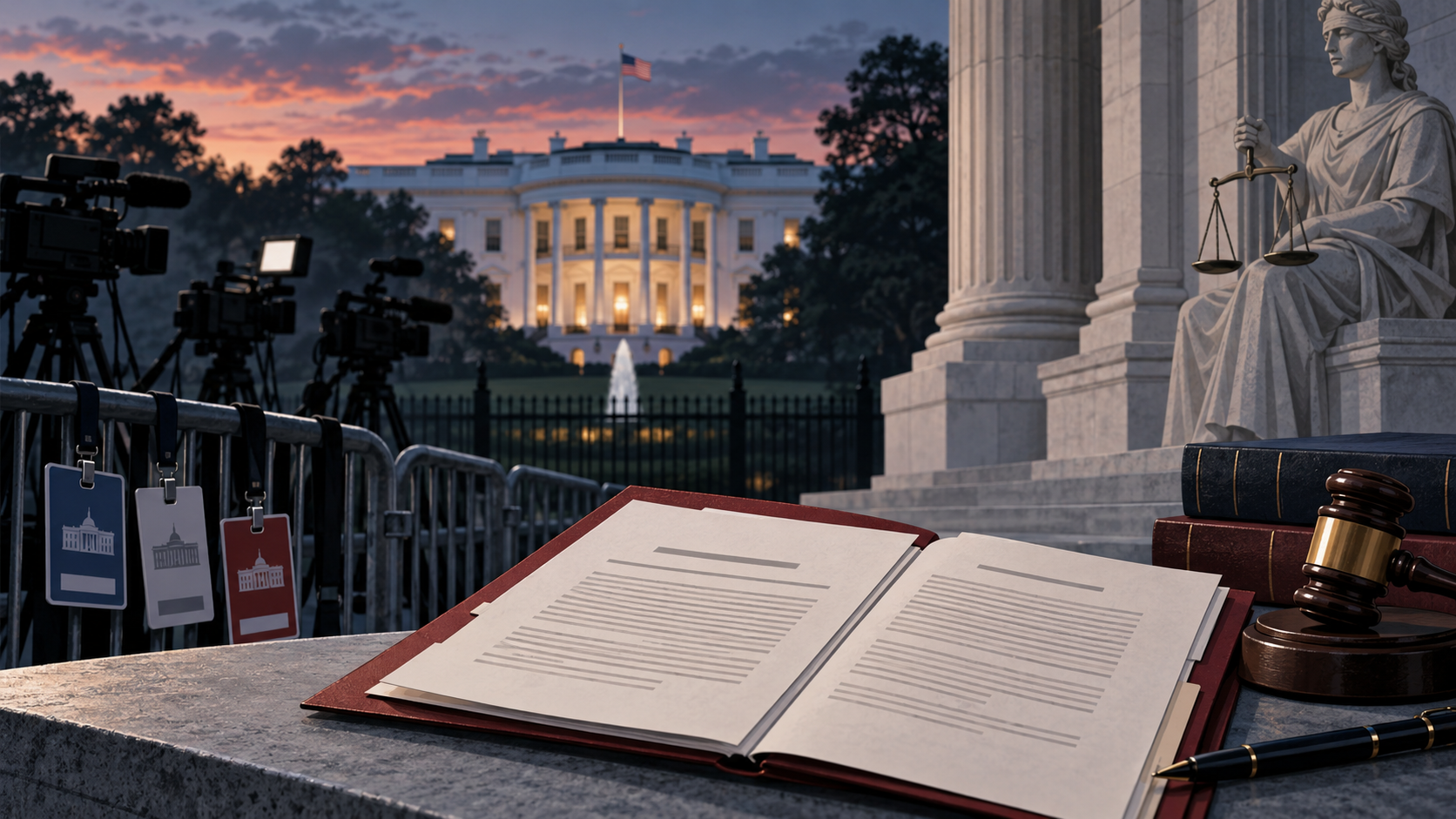 Editorial illustration of a federal court challenge over White House press access